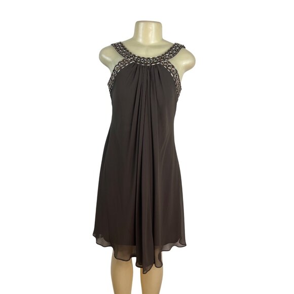 JS Boutique Beaded Halter Neck Brown Chiffon Cocktail Dress With Back Zip Size 8 - Picture 1 of 8